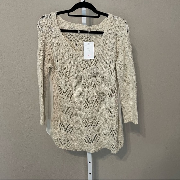 Anthropologie Pointelle Pullover Ivory Tunic Top By Knitted & Knotted Size M - Picture 3 of 7